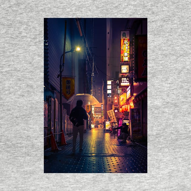 Neon Noir Street Reflecting the warm yellow and orange light from the bar area. by TokyoLuv